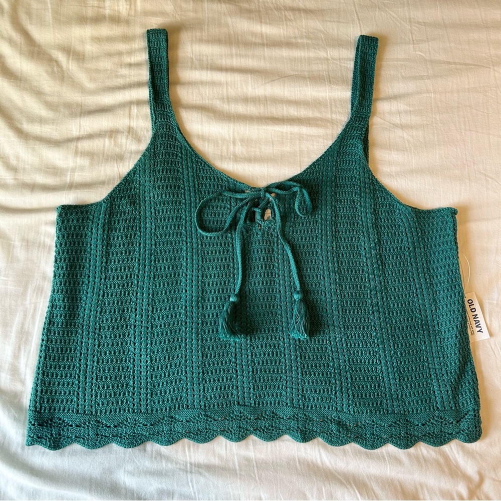 NWT Old Navy Teal Boho Crochet Tassel Tie Tank Top | Size XL